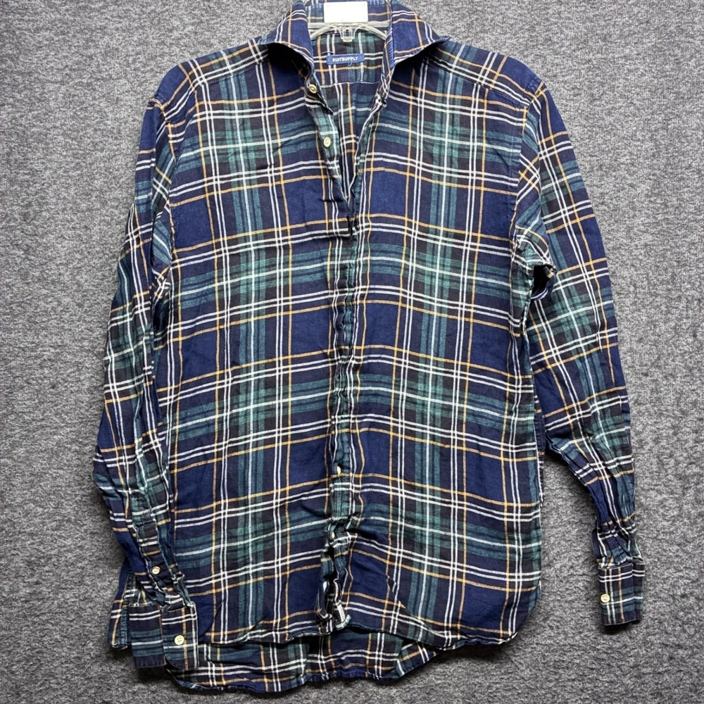 SuitSupply Albiate Milano Men Plaid Button Down Shirt Navy Green 15.5 39 SMALL